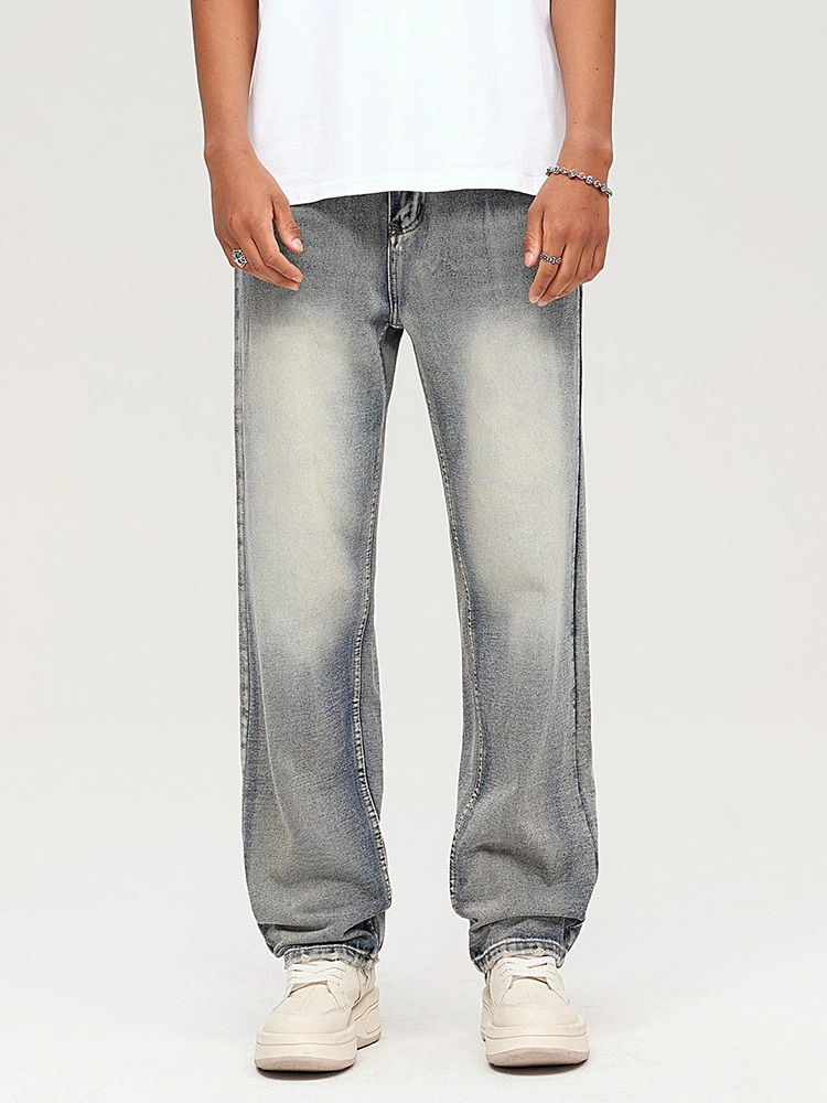 厂家直销男士修身水洗做旧牛仔裤，宽松直筒设计，秋季休闲日常必备