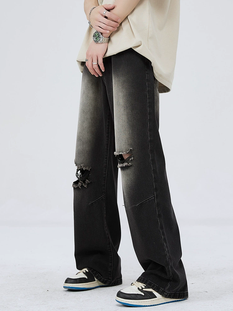 厂家直销男士复古水洗破洞宽松直筒牛仔裤，夏季休闲风格，多口袋设计