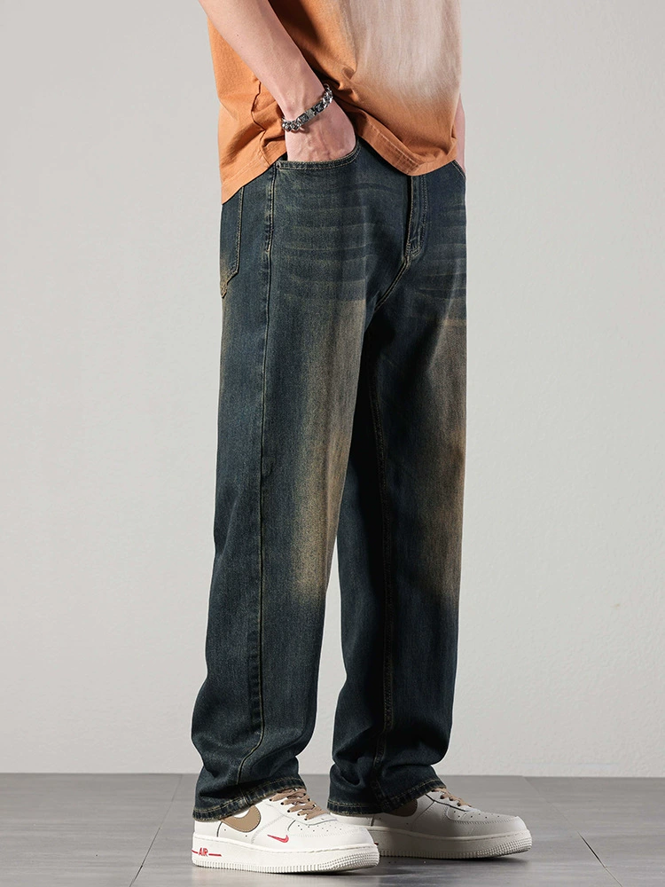 厂家直销男士复古蓝牛仔裤，高街宽松直筒长裤，秋季休闲风格，水洗免烫工艺