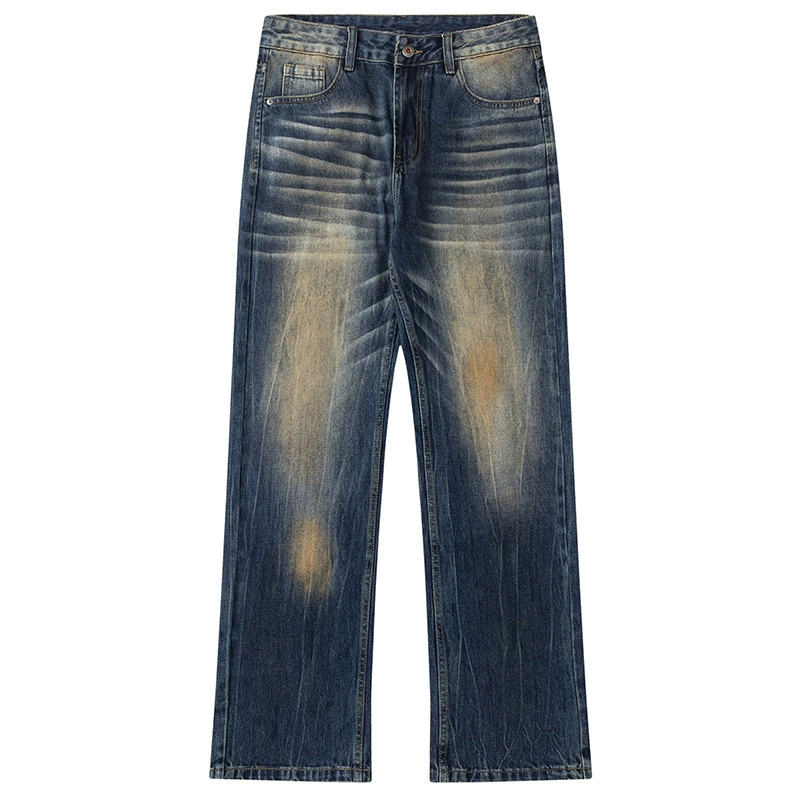 سراويل جينز فضفاضة مغسولة بتصميم مستقيم باللون الأزرق العتيق، مصنوعة من القطن المريح، مناسبة للاستخدام اليومي في فصل الربيع والخريف للشباب.