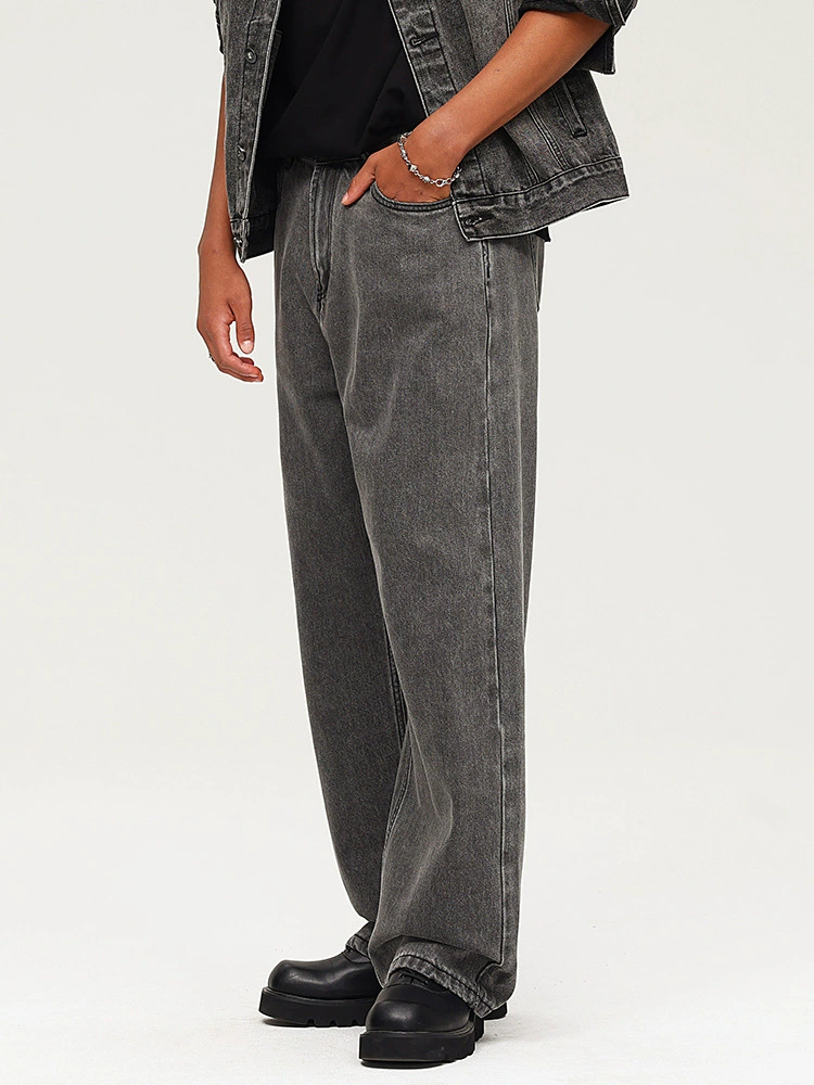 厂家直销男士宽松水洗牛仔裤，深灰色直筒长裤，休闲风格，适合四季日常穿着