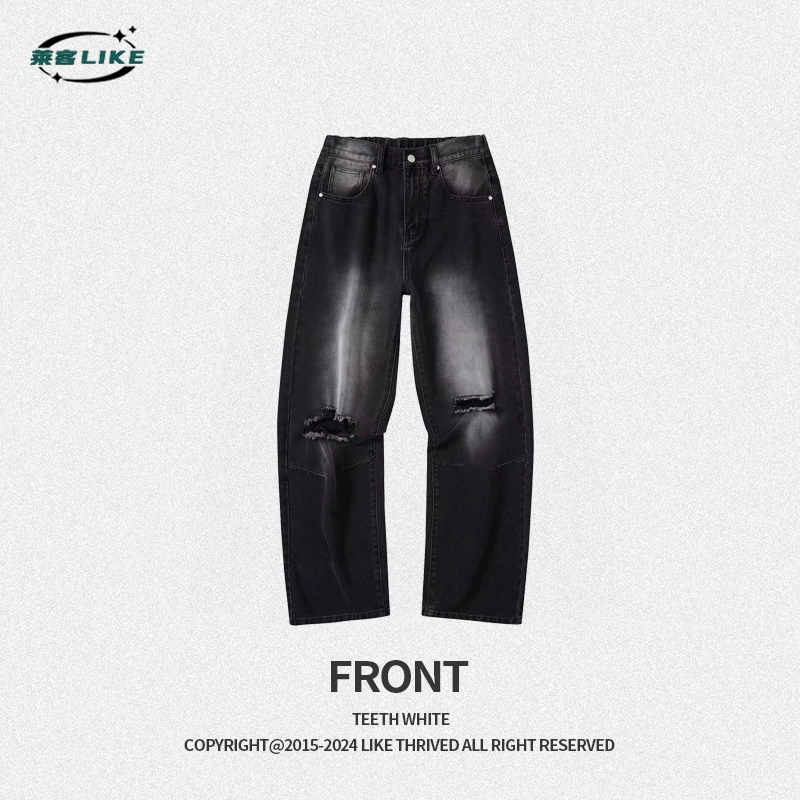 厂家直销男士复古水洗破洞宽松直筒牛仔裤，夏季休闲风格，多口袋设计
