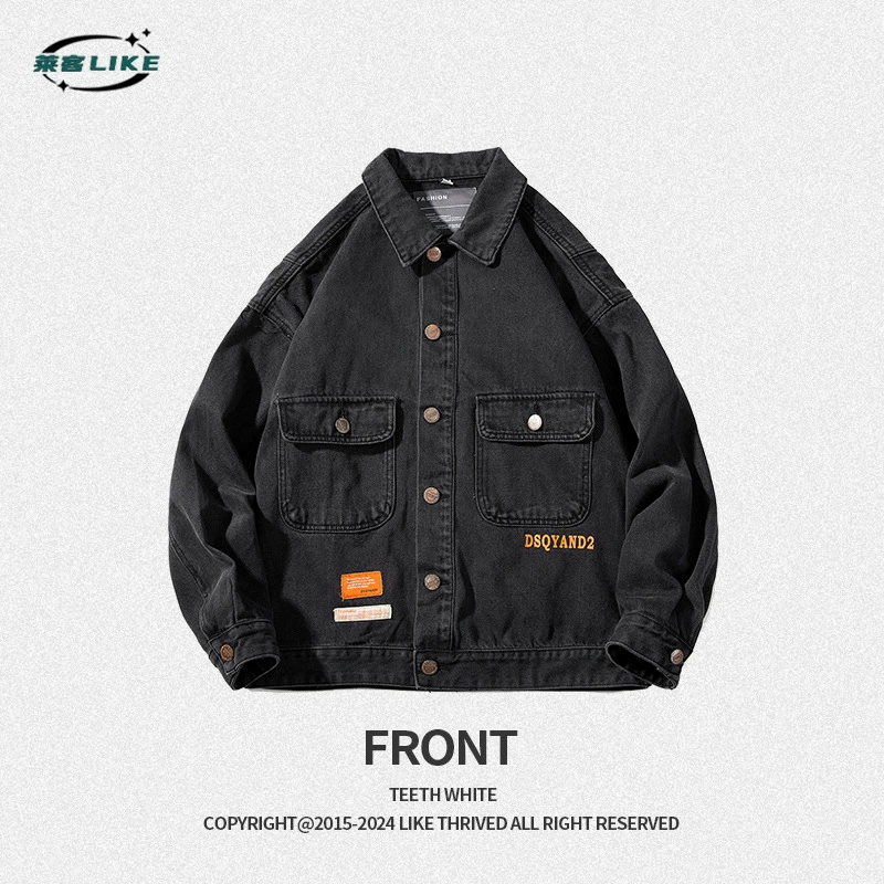 厂家直销男士宽松复古牛仔外套，简约水洗设计，秋季休闲，口袋装饰免烫处理