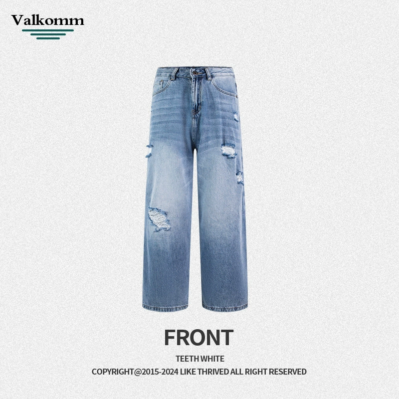 厂家直销男士透气宽腿破洞薄款牛仔裤，夏季休闲风格，磨破工艺设计