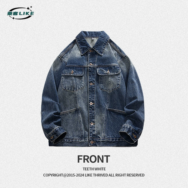 厂家直销男士宽松水洗复古牛仔外套，春秋日常，多口袋耐磨夹克