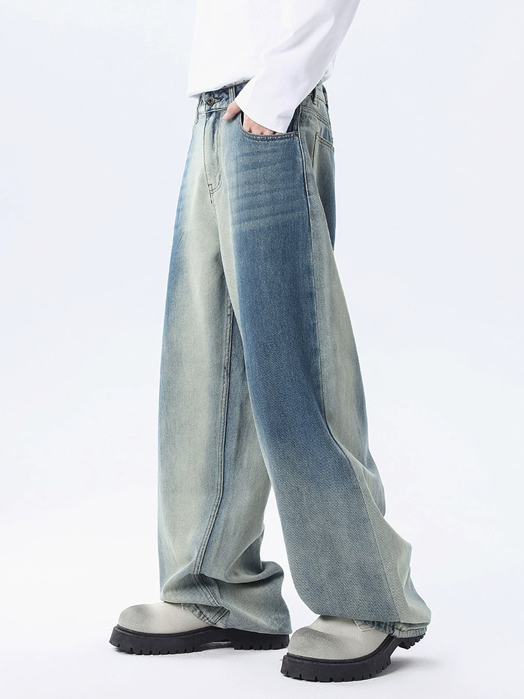 厂家直销男士宽松水洗渐变牛仔裤，秋冬时尚直筒阔腿裤，适合日常休闲，青春潮流风格