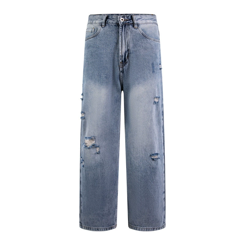 厂家直销男士宽松破洞牛仔裤，夏季休闲长裤，水洗工艺直筒设计