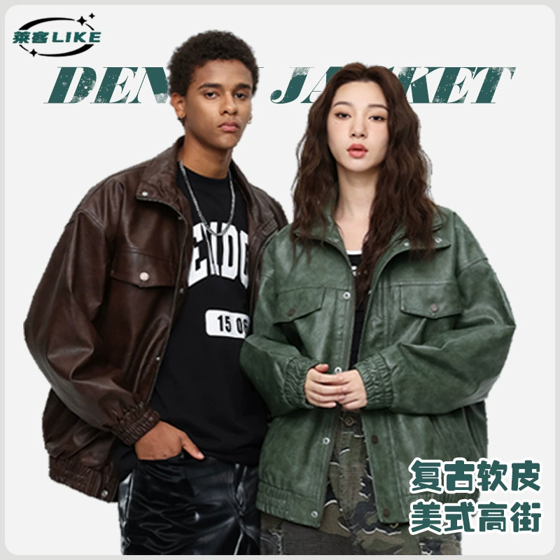 厂家直销青年男士宽松复古机车外套，春秋休闲款，多口袋防风防水设计牛仔外套