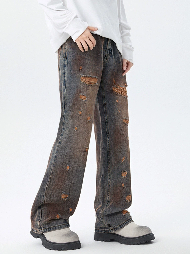 厂家直销青少年牛仔裤，复古渐变水洗直筒，百搭宽松风，春秋季休闲，手工破洞设计