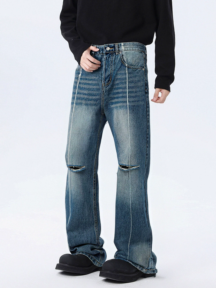 厂家直销男士宽松水洗破洞牛仔裤，潮流街头直筒款，秋季休闲百搭长裤