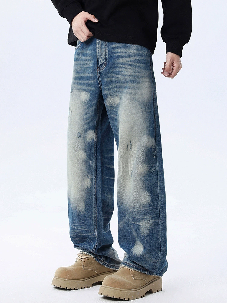 厂家直销男士宽松水洗磨白铅笔牛仔裤，秋季新款，独特设计感多口袋长裤