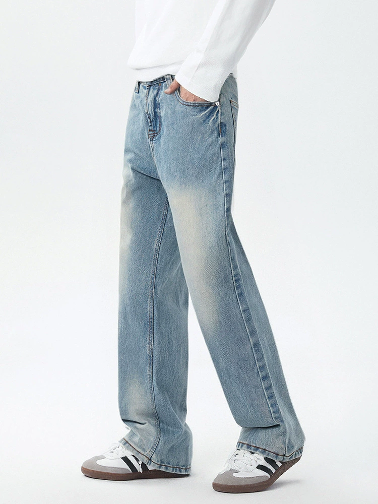 厂家直销男士宽松水洗做旧牛仔裤，简约直筒设计，春秋适用，休闲风格，适合青少年