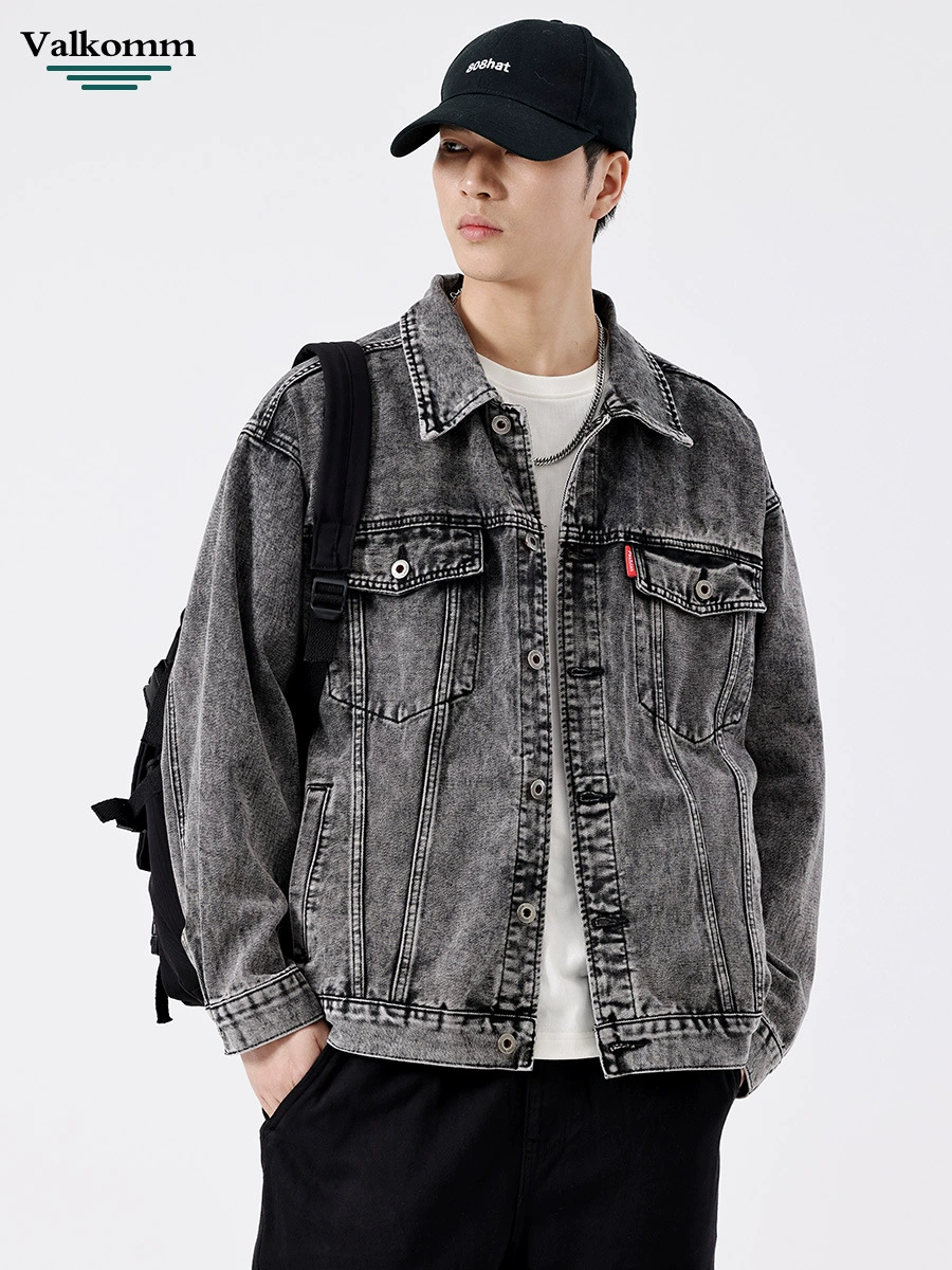 厂家直销青少年宽松修身休闲牛仔外套，春秋季，多口袋设计，黑灰色高街风格