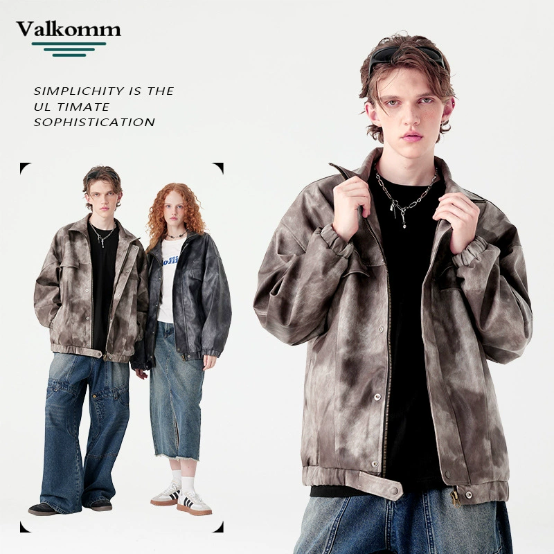 厂家直销青年宽松扎染PU皮夹克，时尚复古外套，休闲风格，适合春秋季，多口袋设计