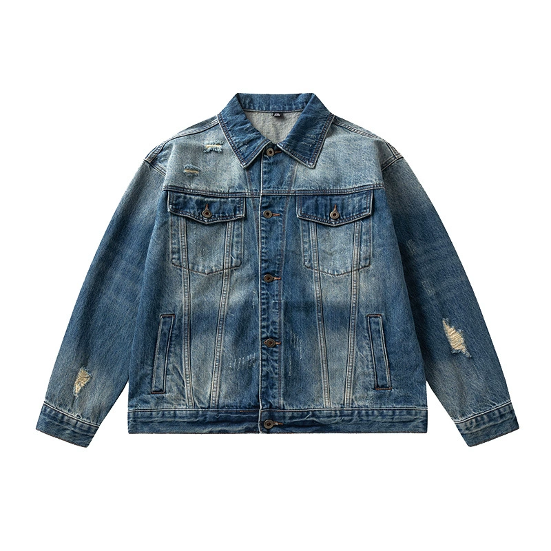 厂家直销男士宽松水洗牛仔外套，复古破洞潮流夹克，春秋休闲，耐磨舒适