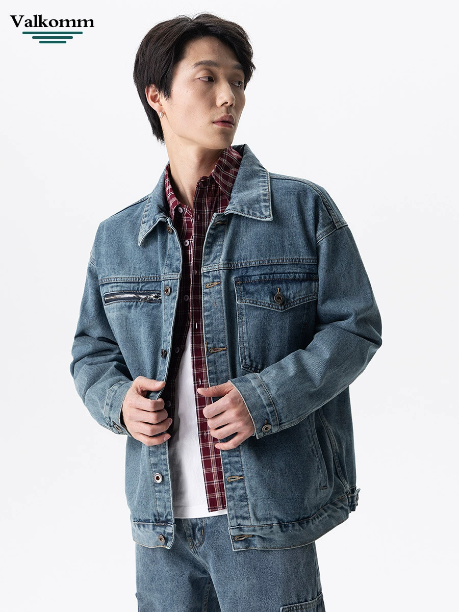 厂家直销男士宽松水洗牛仔外套，复古风格，春秋休闲，多口袋设计