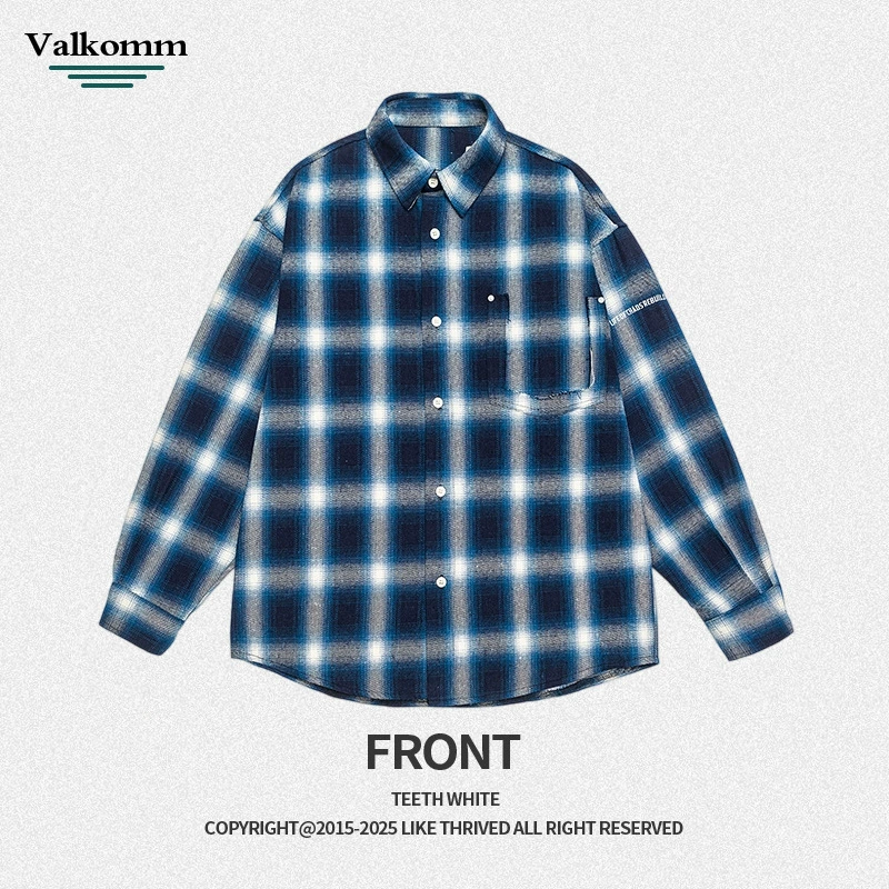 厂家直销男士宽松格子牛仔外套，秋冬街头风格，透气耐磨设计