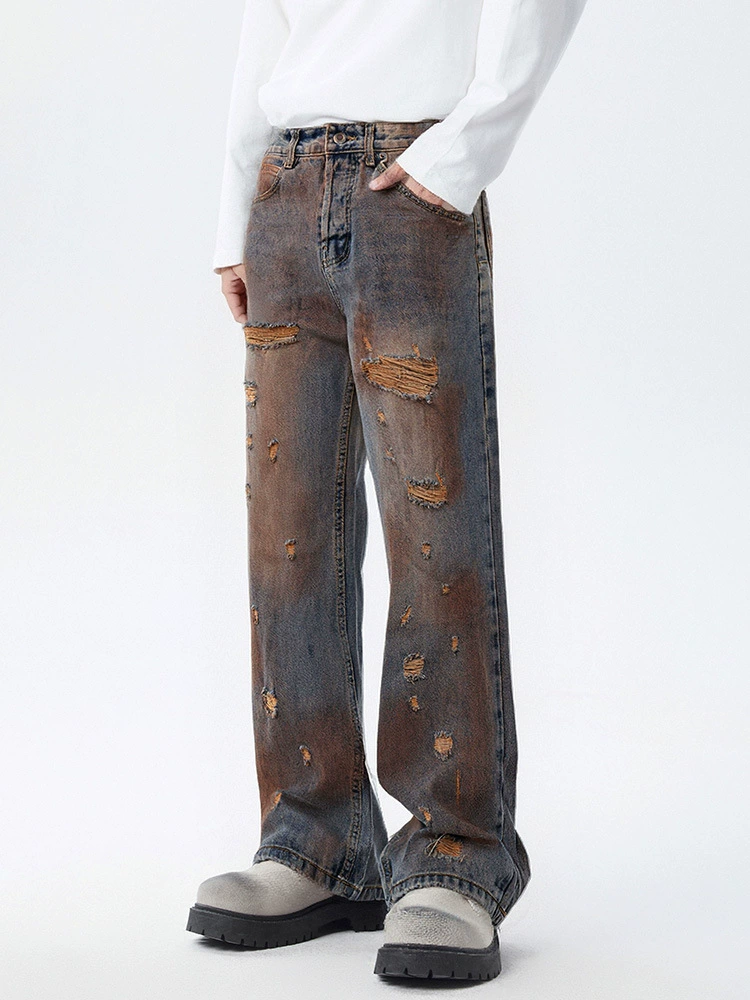 厂家直销青少年牛仔裤，复古渐变水洗直筒，百搭宽松风，春秋季休闲，手工破洞设计