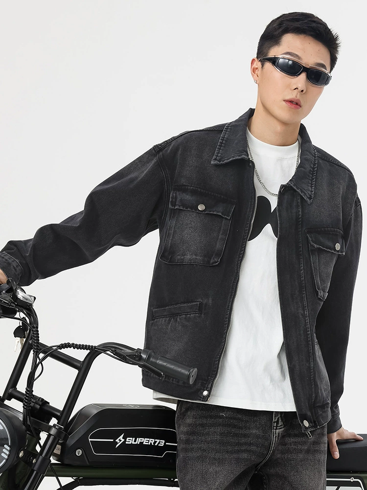 厂家直销男士宽松透气牛仔外套，时尚休闲风格，多口袋设计，适合春秋季节