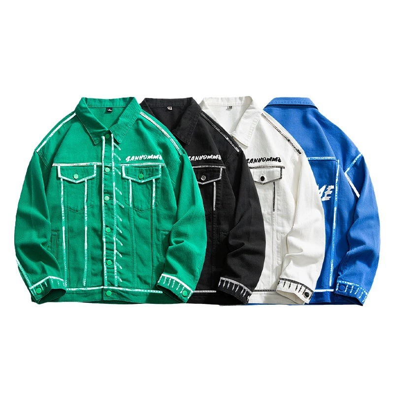 厂家直销男士宽松复古牛仔外套，机车风格，简约设计，春秋季可穿，免烫处理，多口袋装饰