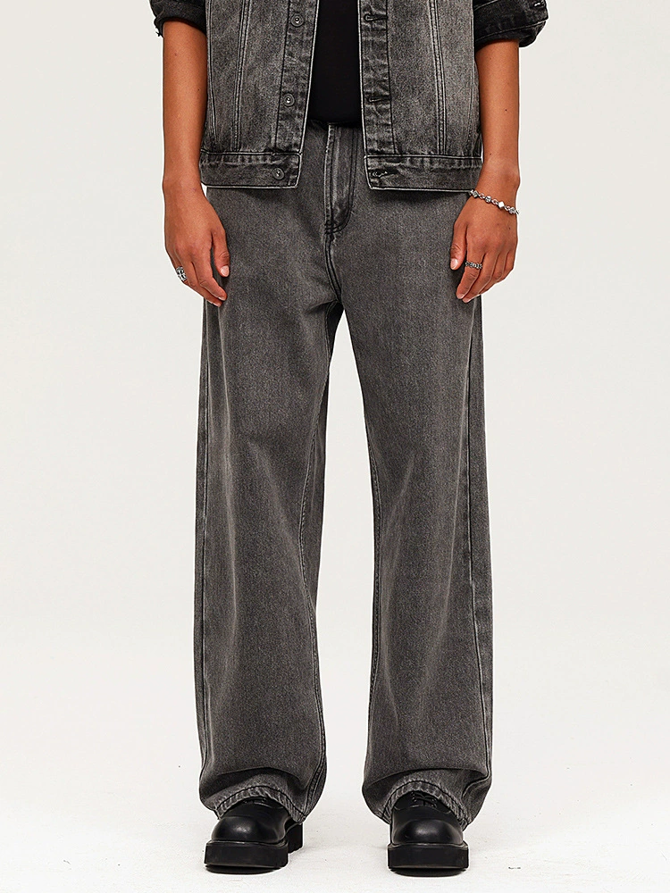 厂家直销男士宽松水洗牛仔裤，深灰色直筒长裤，休闲风格，适合四季日常穿着