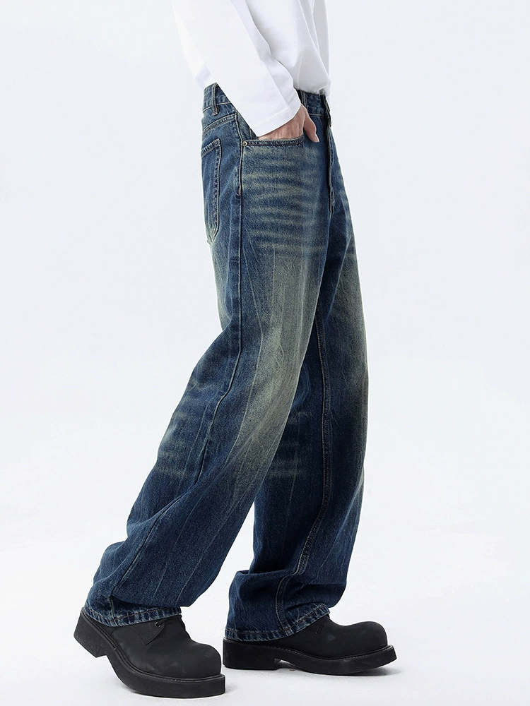 厂家直销男士修身水洗牛仔裤，初秋款经典蓝直筒设计，休闲风格，猫须工艺多口袋长裤