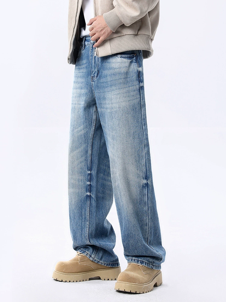 厂家直销男士水洗复古牛仔裤，宽松直筒设计，春秋休闲，猫须做旧工艺