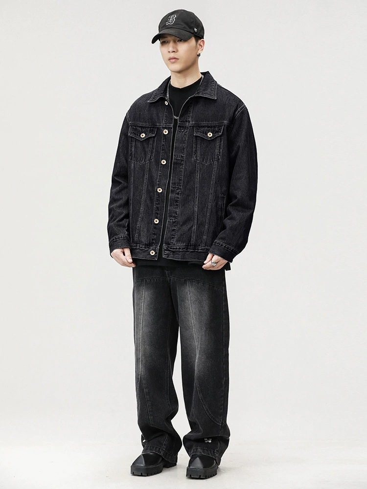 厂家直销男士宽松黑色牛仔外套，耐磨防撕裂，春秋日常，多口袋设计，日系复古风格