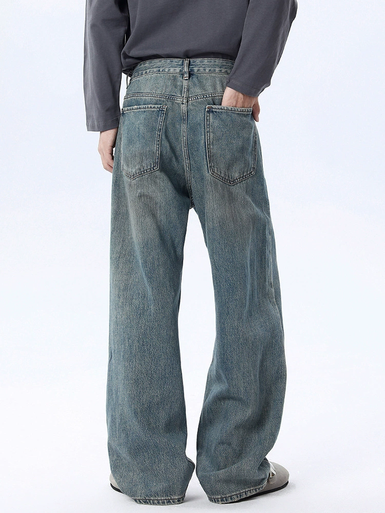 厂家直销男士慵懒复古水洗直筒牛仔裤，秋季宽松设计，多口袋实用休闲款