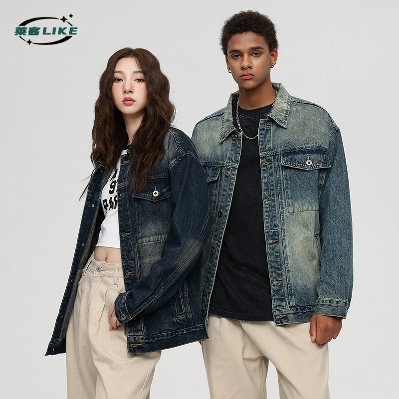 厂家直销男士宽松牛仔外套，春秋休闲美式风格，多口袋设计，街潮牛仔夹克
