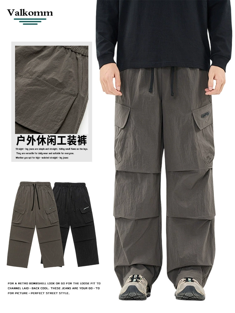 厂家直销男士宽松阔腿工装裤，秋季休闲风，多口袋设计，免烫耐磨长裤