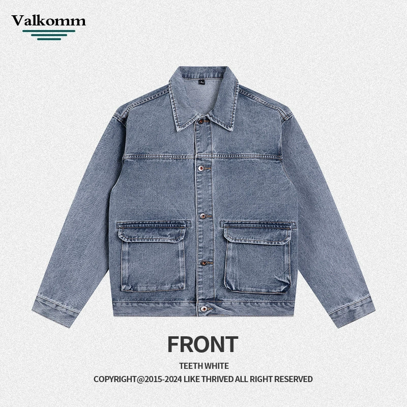 厂家直销男士宽松牛仔外套，水洗冰蓝色高街风格，秋季休闲多口袋夹克