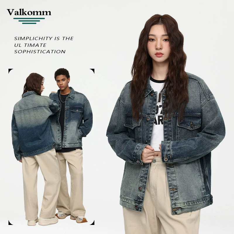 厂家直销男士宽松复古蓝牛仔外套，时尚简约设计，春秋休闲，免烫处理多口袋夹克