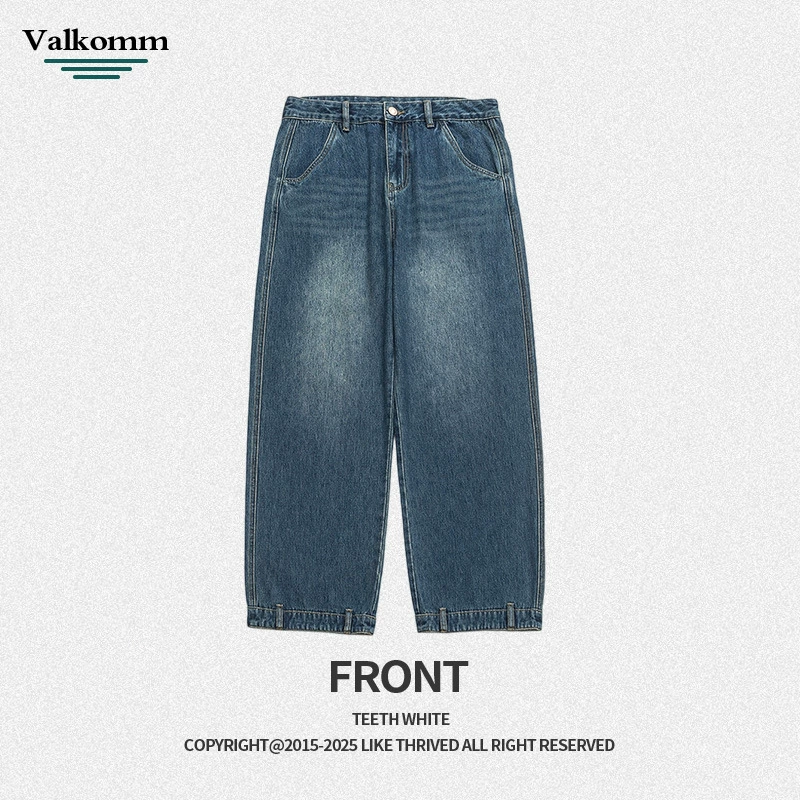 厂家直销男士宽松水洗牛仔裤，复古蓝色直筒设计，秋季高街休闲风格，适合青年穿着