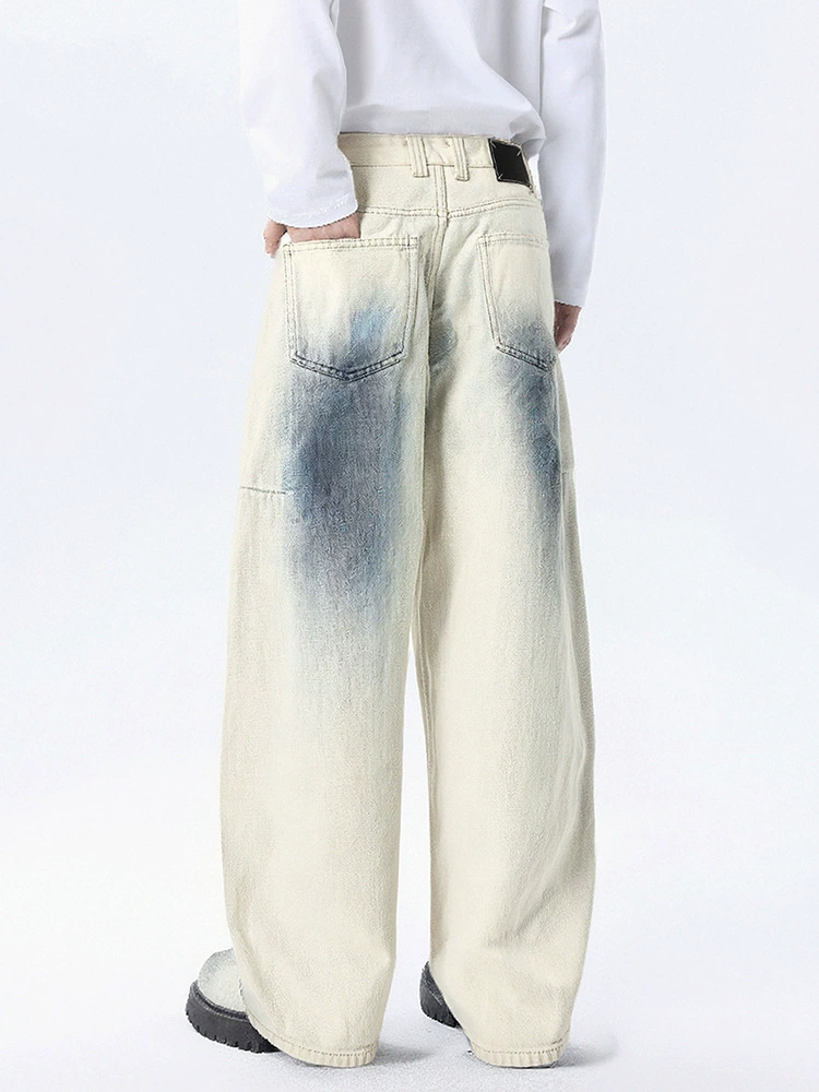 厂家直销男士宽松手绘涂鸦牛仔裤，水洗加厚阔腿裤，秋季休闲街潮风格，多口袋设计