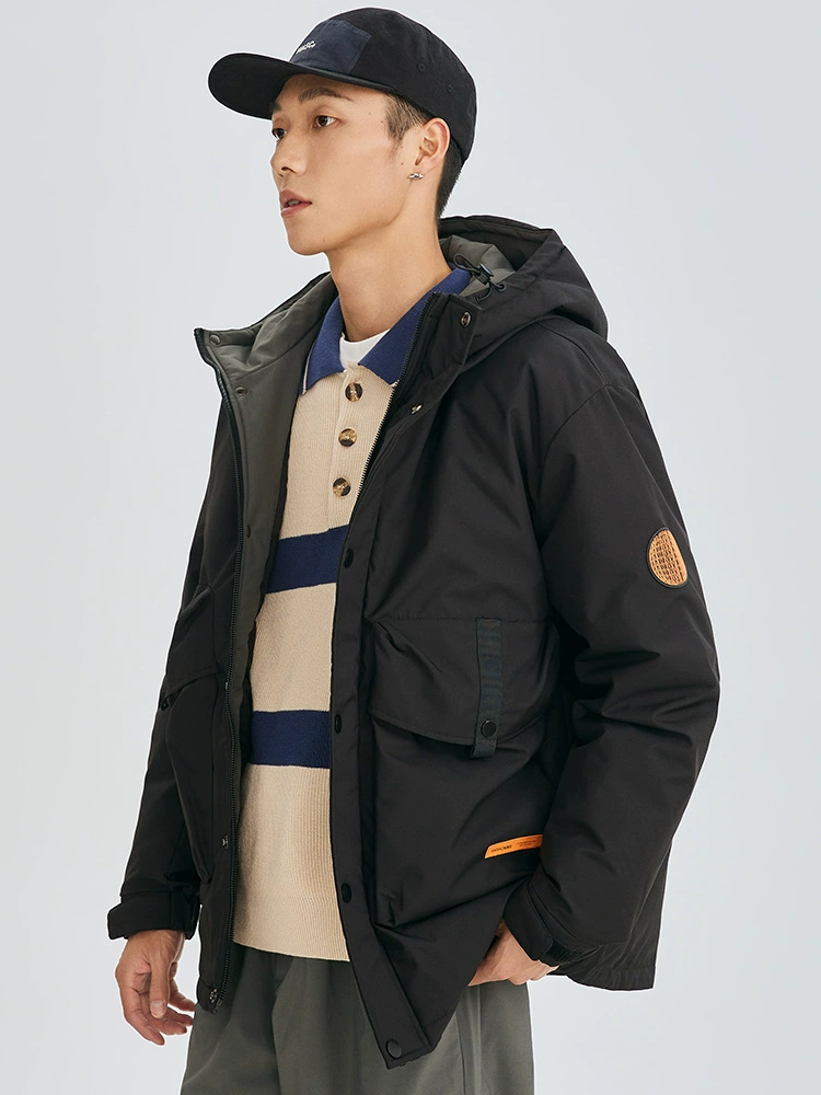 厂家直销男士加厚防风连帽羽绒服，修身冬季休闲外套，适合户外活动，时尚青年风格