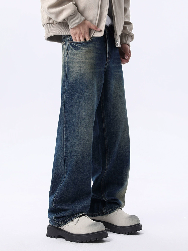 厂家直销男士高品质水洗复古牛仔裤宽松直筒长裤，春秋休闲，纽扣装饰设计