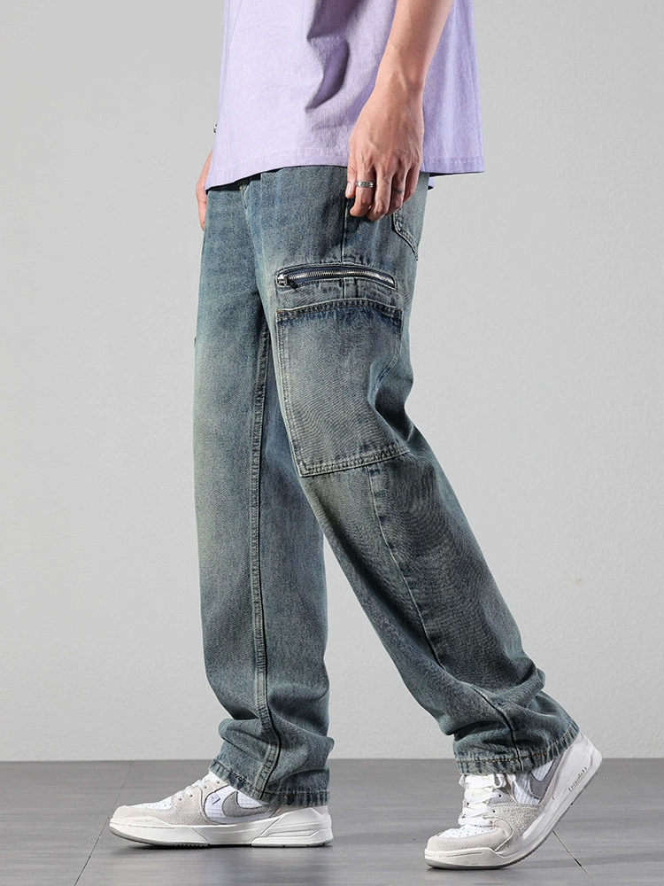 厂家直销男士宽松直筒休闲牛仔裤，夏季高街风格，多口袋水洗设计