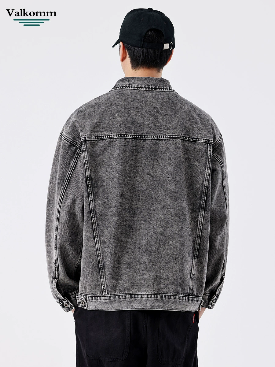 厂家直销青少年宽松修身休闲牛仔外套，春秋季，多口袋设计，黑灰色高街风格
