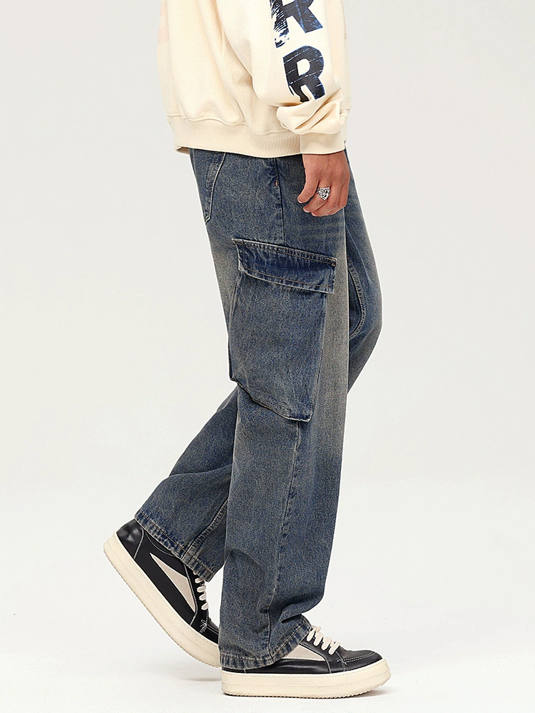 Men's Vintage Loose Fit Stone Washed Denim Jeans with Multi Pocket Design for Spring and Autumn Casual Style