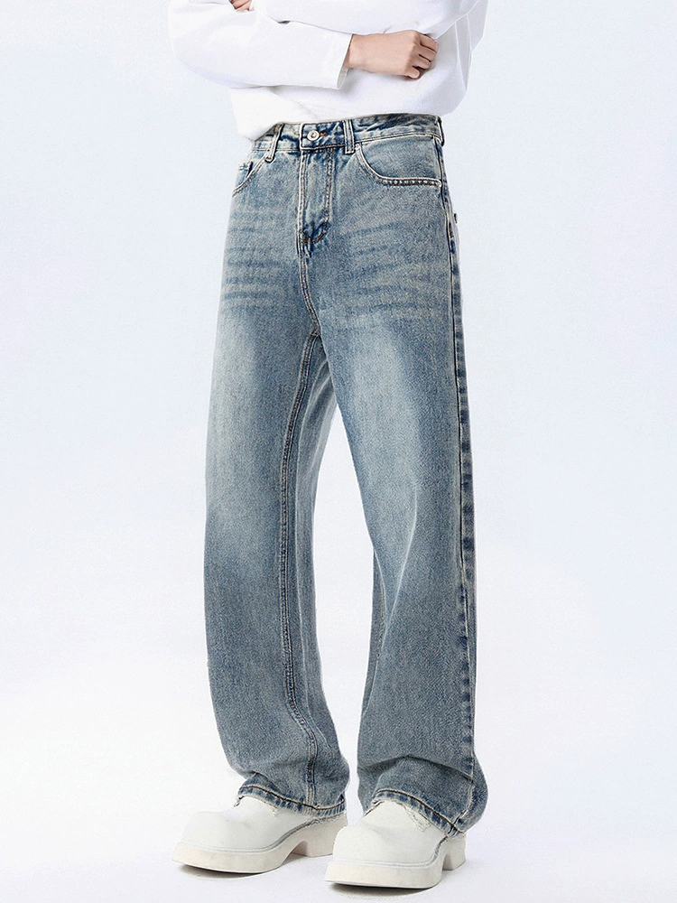 厂家直销男士复古磨白牛仔裤，宽松直筒款，春秋休闲，多口袋设计