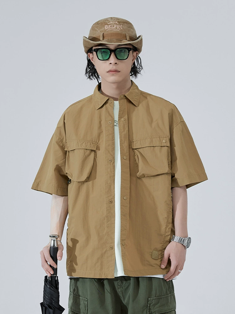 厂家直销青年宽松型短袖开衫衬衣，夏季旅游必备，精梳棉防皱耐磨，日式复古风格