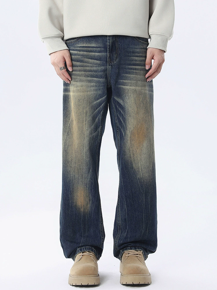 سراويل جينز فضفاضة مغسولة بتصميم مستقيم باللون الأزرق العتيق، مصنوعة من القطن المريح، مناسبة للاستخدام اليومي في فصل الربيع والخريف للشباب.