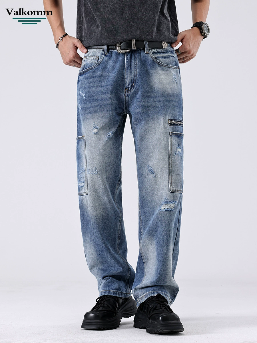 Широкие джинсы прямого кроя в复古 стиле, темно-синие, из 100% хлопка, для повседневной носки весной и осенью