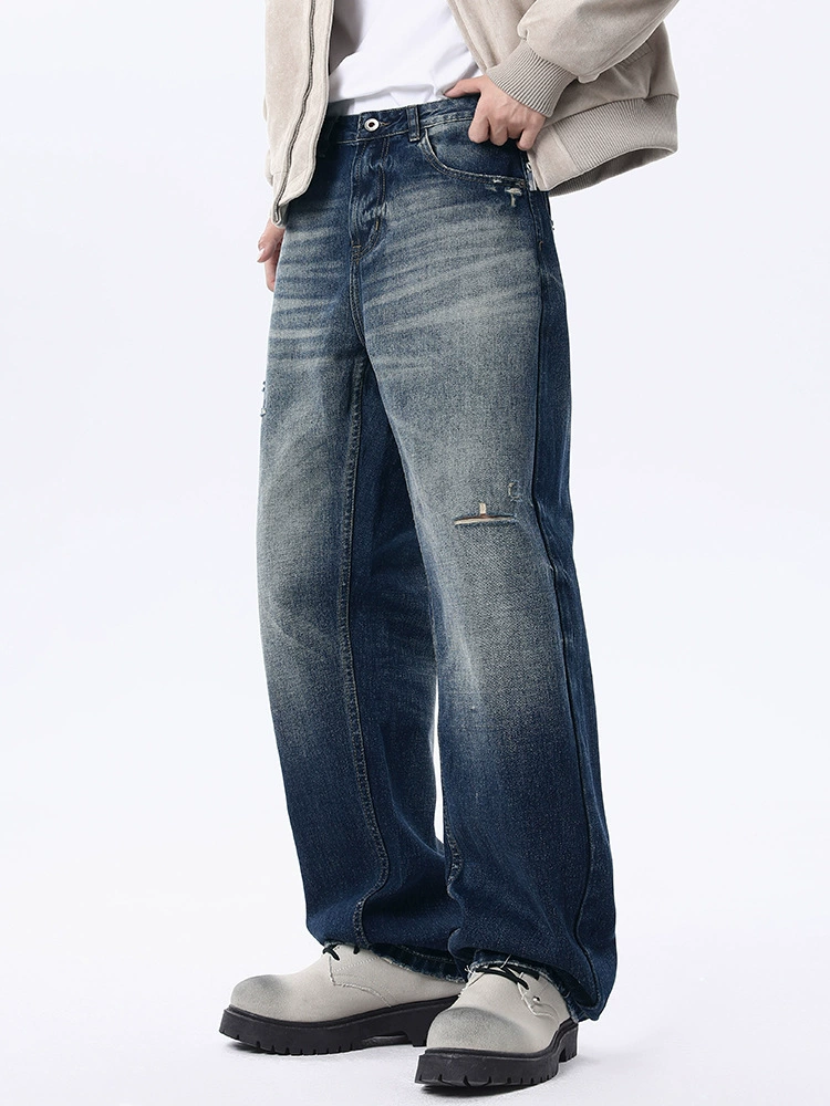 厂家直销男士复古宽松水洗破洞牛仔裤，秋季休闲直筒长裤，修身设计多口袋