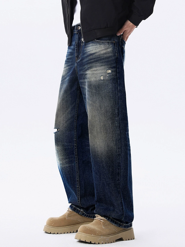 厂家直销男士宽松破洞牛仔裤，复古渐变大直筒设计，秋季休闲风格，多口袋水洗工艺