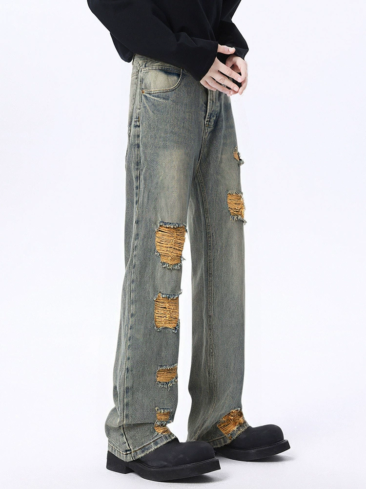 厂家直销男士水洗破洞牛仔裤，修身直筒，春秋休闲，潮流设计感与多样工艺