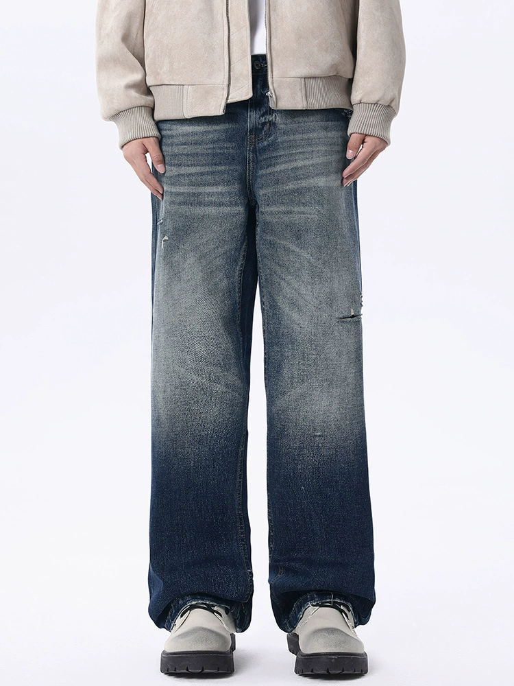 厂家直销男士复古宽松水洗破洞牛仔裤，秋季休闲直筒长裤，修身设计多口袋