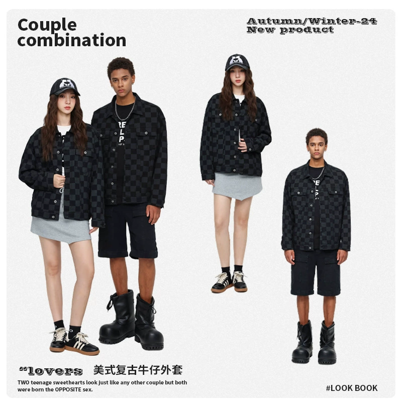 厂家直销青年男士宽松黑色格子牛仔外套，秋季日常穿搭，免烫处理多口袋设计