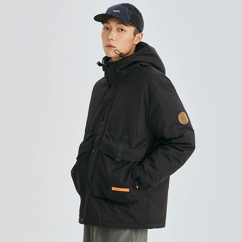 厂家直销男士加厚防风连帽羽绒服，修身冬季休闲外套，适合户外活动，时尚青年风格